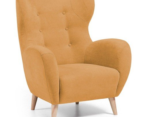 Butaca vintage tapizada con patas de madera mostaza, 513-46