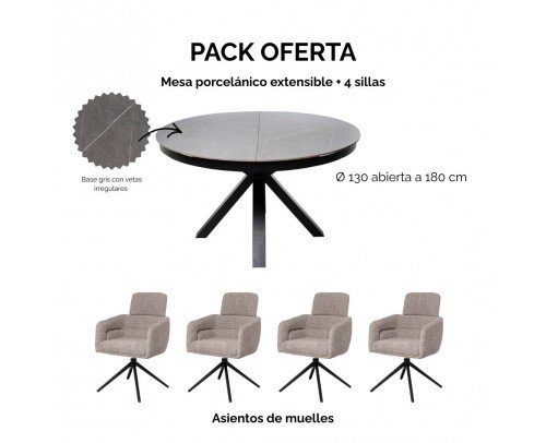 Pack Mesa porcel&aacute;nico pie ara&ntilde;a 130 + 50 cm + 4 sillas