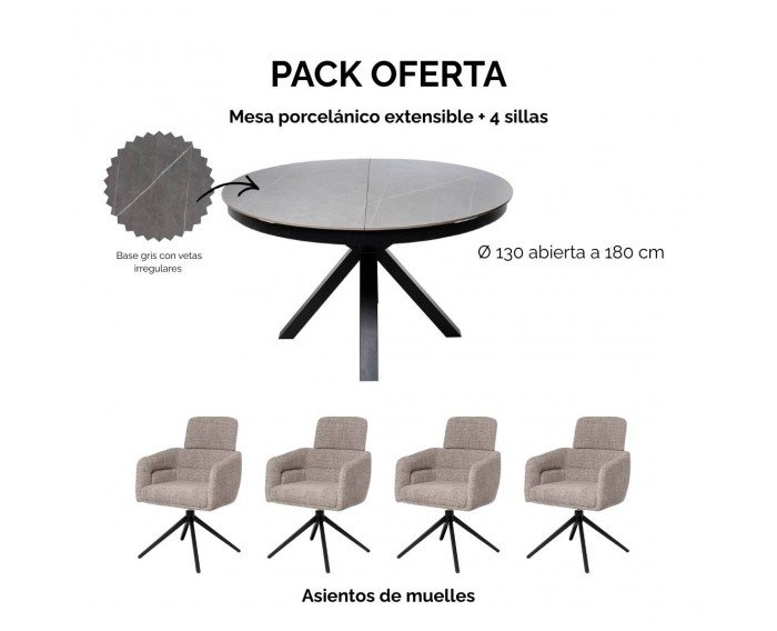 Pack Mesa porcelánico pie araña 130 + 50 cm + 4 sillas