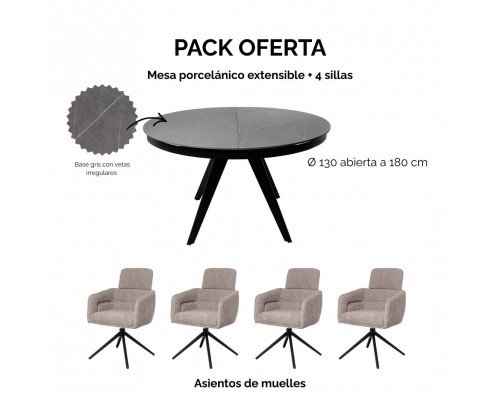 Pack Mesa porcel&aacute;nico patas met&aacute;licas 130 + 50 cm + 4 sillas