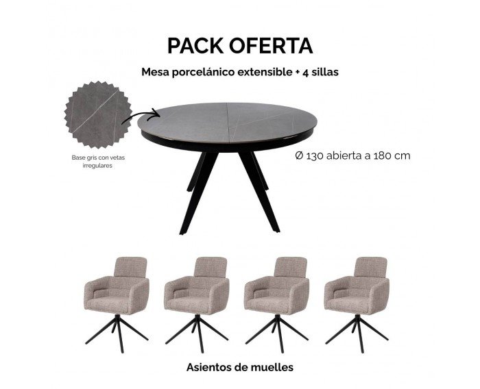 Pack Mesa porcelánico patas metálicas 130 + 50 cm + 4 sillas