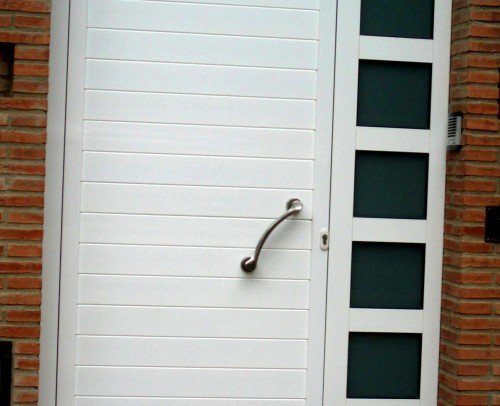 puerta de acceso con panel machihembrado y fijo lateral acristalado.