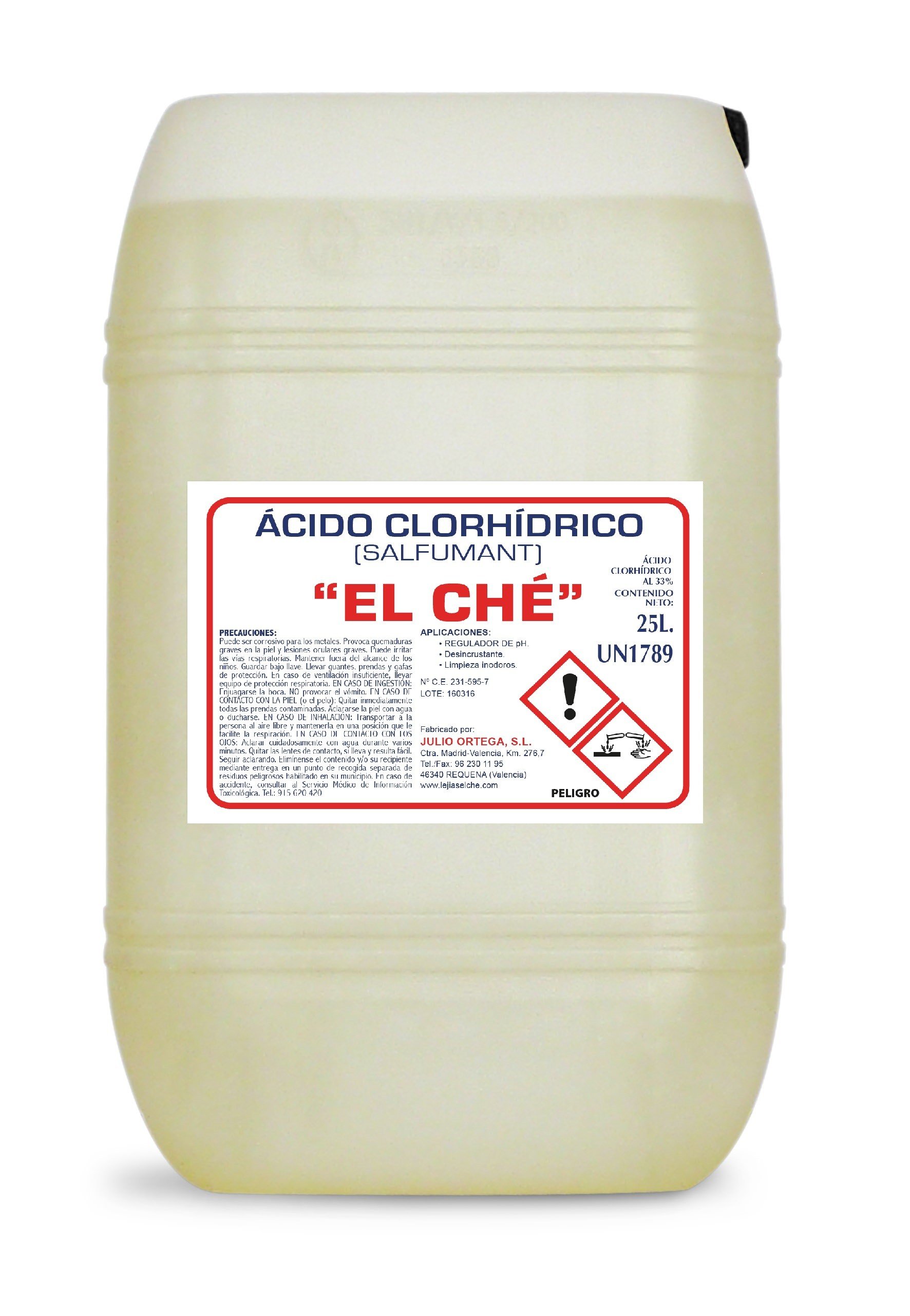 Salfumant Piscinas (Ácido Clorhídrico) 25 litros :: Salfumant Piscinas  (agua fuerte) :: Salfumant :: Fabricacion de Lejía - Productos Limpieza -  Productos Piscinas - Hipoclorito - Lejías El Ché