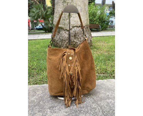 bolso piel camel flecos