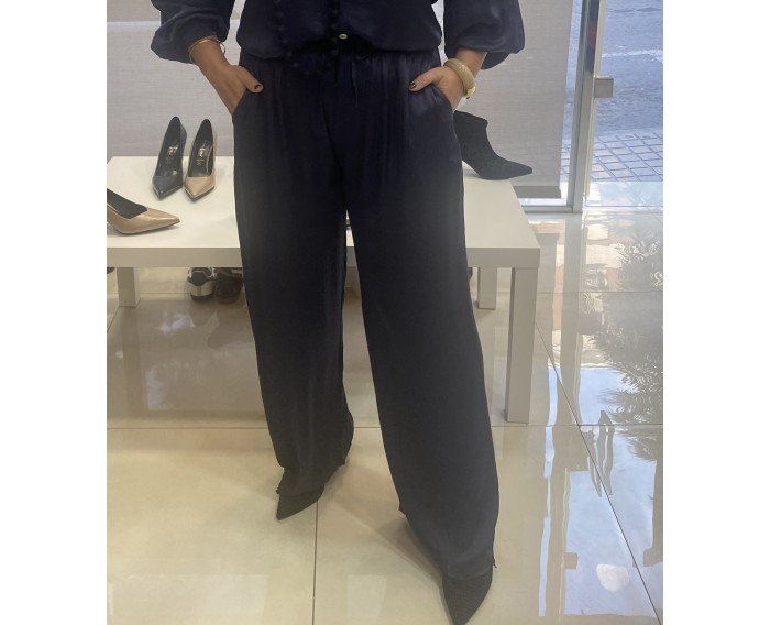 pantalon azul marido satinado pata ancha