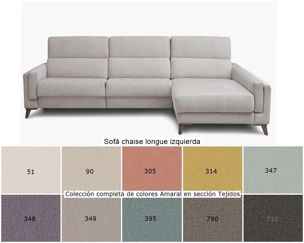 Sofá con chaise longue de patas altas y cabezales abatibles