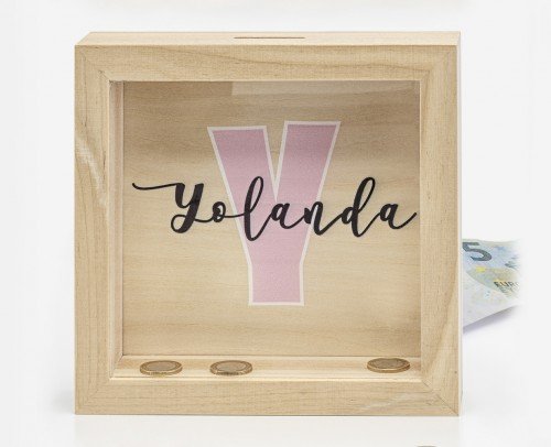 hucha madera nombre + inicial