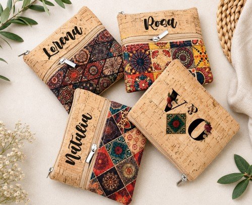 monedero corcho con logo y nombre de invitado