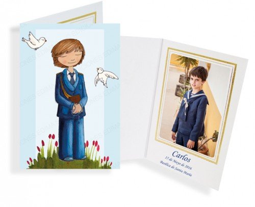 recordatorio con foto "niño y palomas"