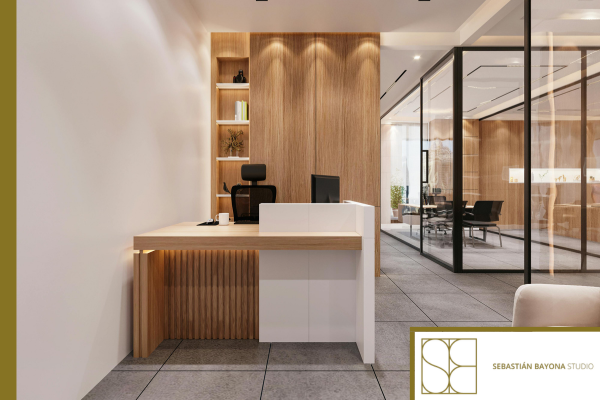 Recepción de clínica u oficina premium con diseño interior contemporáneo, madera natural, cristal y mobiliario a medida.