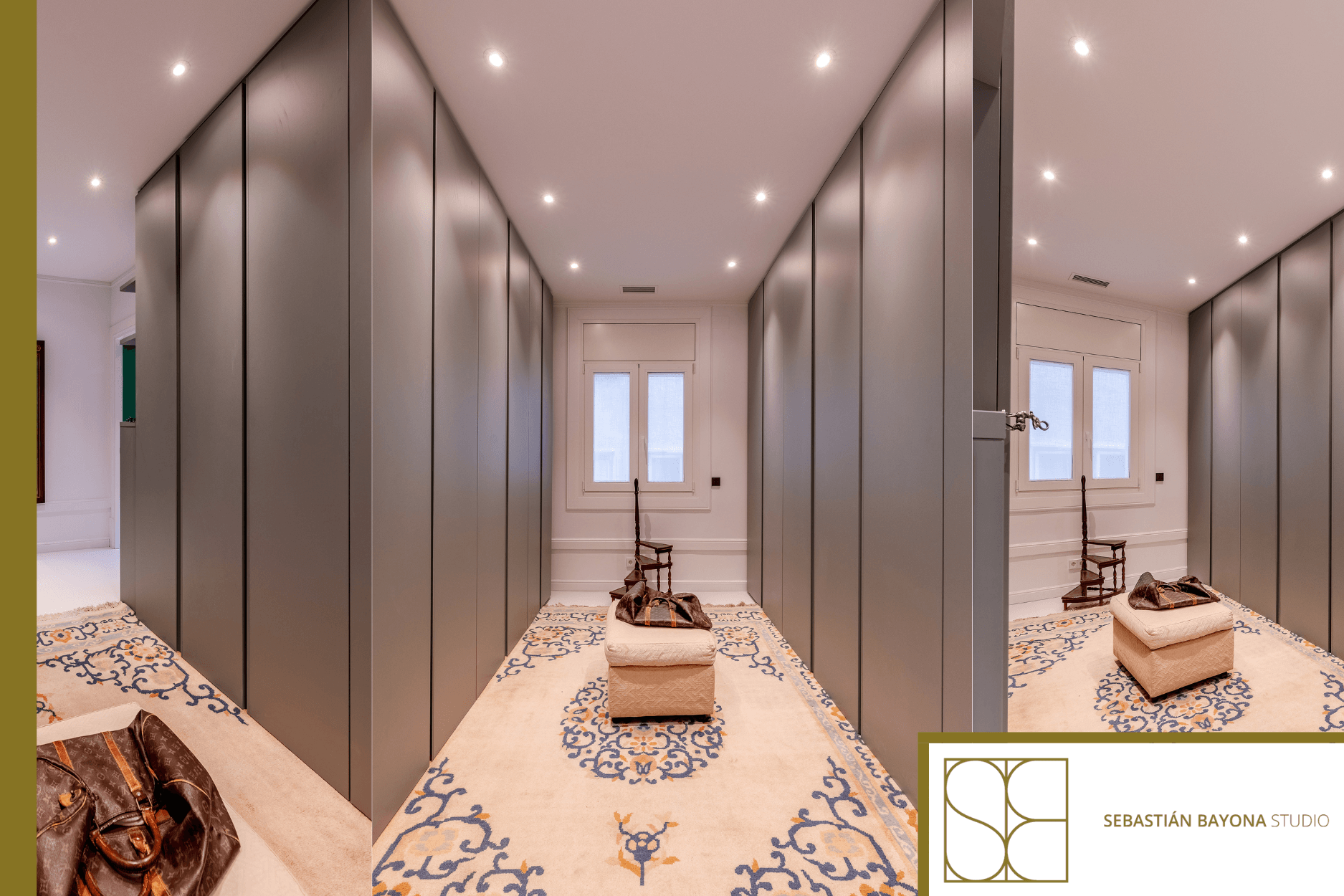Contemporary elegant and functional dressing room with bespoke furniture%2C integrated lighting%2C and refined materials.