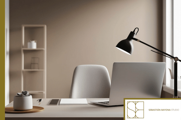 Despacho en casa contemporáneo de diseño elegante y funcional con buena luz, mobiliario integrado y materiales sofisticados.