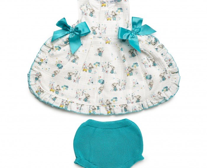 Jesusito niña turquesa con estampado de elefantes y lazos con braguita de Juliana - Colección Terral -