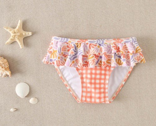 Conjunto baño naranja dos piezas niña (camiseta y braguita bikini) de Dadati - Colección Vichy Flowers