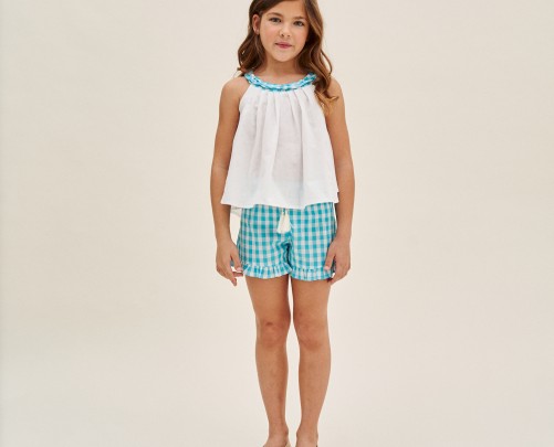 Conjunto 2 piezas cuadros azul niña (blusa y pantalón) de Dadati - Colección Turquesa