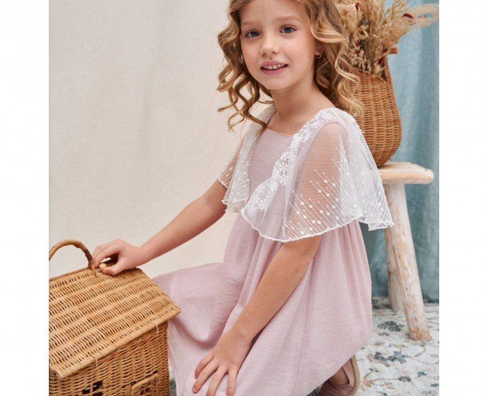 Vestido niña rosa con mangas de tul de Dadati - Colección Ceremony