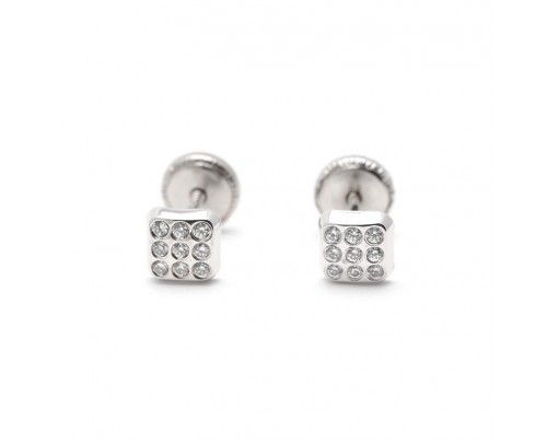 Pendientes cuadrados de Oro blanco y circonitas.