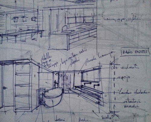 Croquis cocina y baño